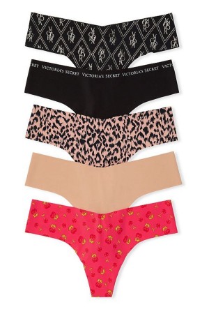 Victoria's Secret 5 Pack No Show String Knickers Black/Nude/Red Print | 6894HPGBE