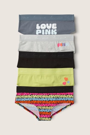 Victoria's Secret Bomull Hipster Knickers 5 Pack Black/Grey/Green Logo Print | 7301ULEMN