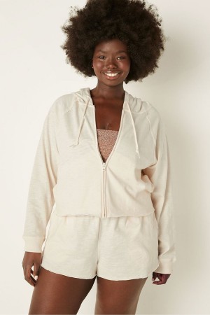 Victoria's Secret Bomull Slub Crop Cut Off Full Zip Jacket Creamer | 8503FWJGB