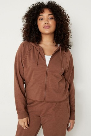 Victoria's Secret Bomull Slub Crop Cut Off Full Zip Hoodie Rosa | 8564AUBEK