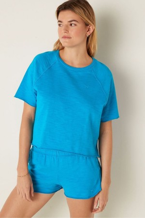 Victoria's Secret Bomull Slub Korta Sleeve Crew Crop T-Shirt Blå | 3589LNHMW