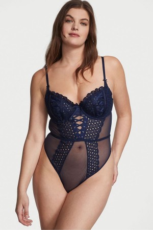 Victoria's Secret Dream Angels Broderie Unlined Balcony Body Marinblå Blå | 4871VXZFL