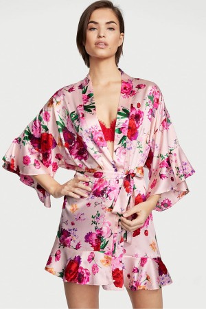 Victoria's Secret Flounce Satin Robe Rosa Randig | 1732WLIPE