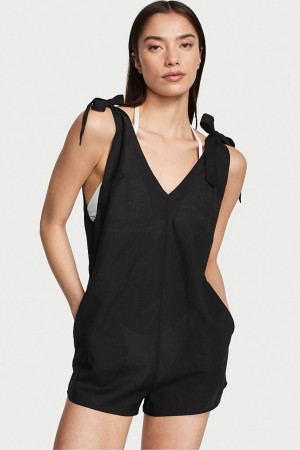 Victoria's Secret Linen Playsuit Cover Up Svarta | 2067TBFPS