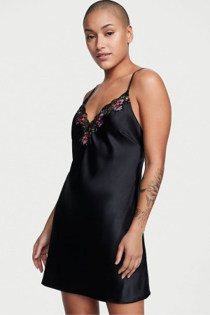 Victoria's Secret Satin Embroidered Slip Klänning Svarta | 3890PELNS