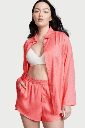 Victoria's Secret Satin Long Sleeve Korta Pyjamas Gula | 2168BPQER