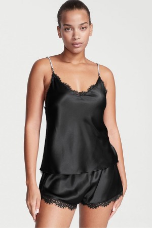 Victoria's Secret Satin Spets Back Cami Set Svarta | 5416KLWMC