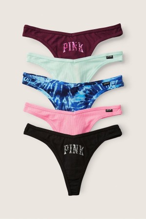 Victoria's Secret Stretch Bomull Bomull String Knickers 5 Pack Black/Grey/Blue/Burgundy/Pink | 4568DQGLM