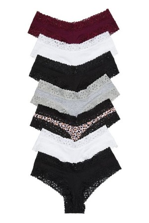 Victoria's Secret The Lacie Spets Trim Cheeky Knickers 7 Pack Black/White/Leopard/Grey/Burgundy | 9645CQRBE