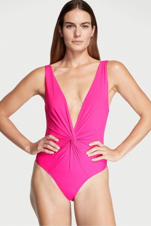 Victoria's Secret V Neck Plunge Open Back Swimsuit Rosa | 5476XBZKQ