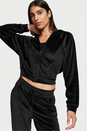 Victoria's Secret Velour Lounge Zip Up Hoodie Svarta | 1403MIDAS